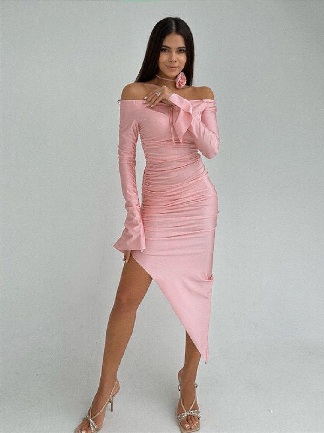 StyleCast Pink Off-Shoulder Bell Sleeves Ruched Bodycon Dress