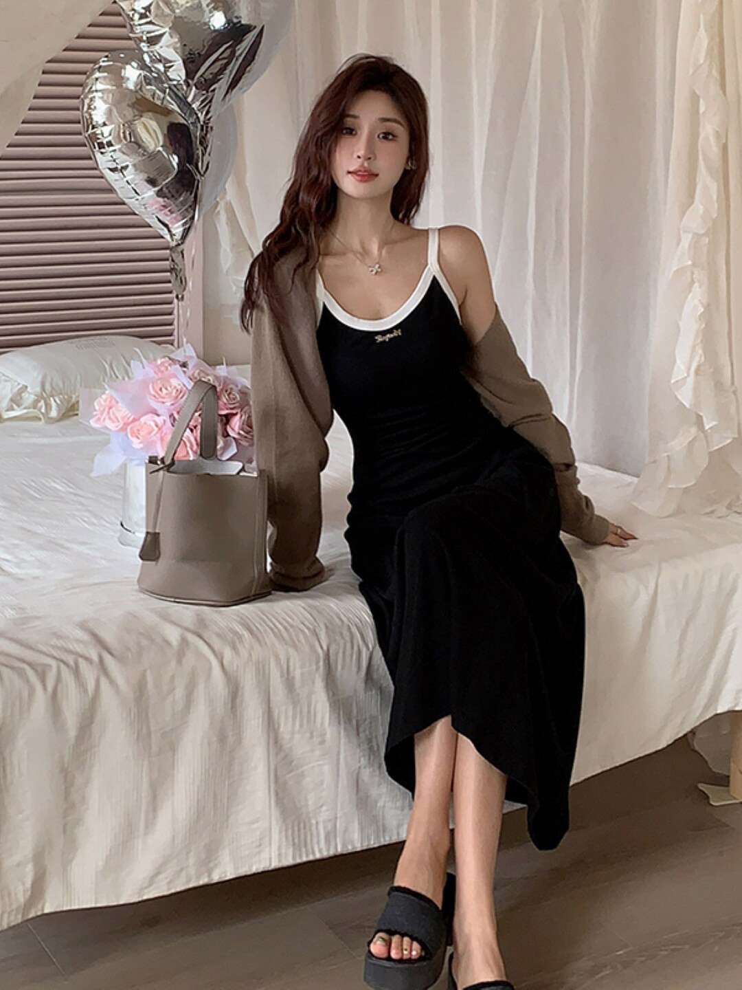 StyleCast Black Shoulder-Straps Fit And Flare Midi Dress
