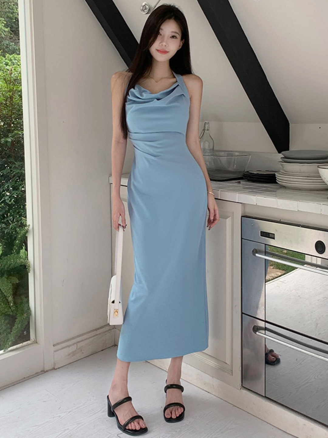 StyleCast Blue Halter Neck Sheath Midi Dress