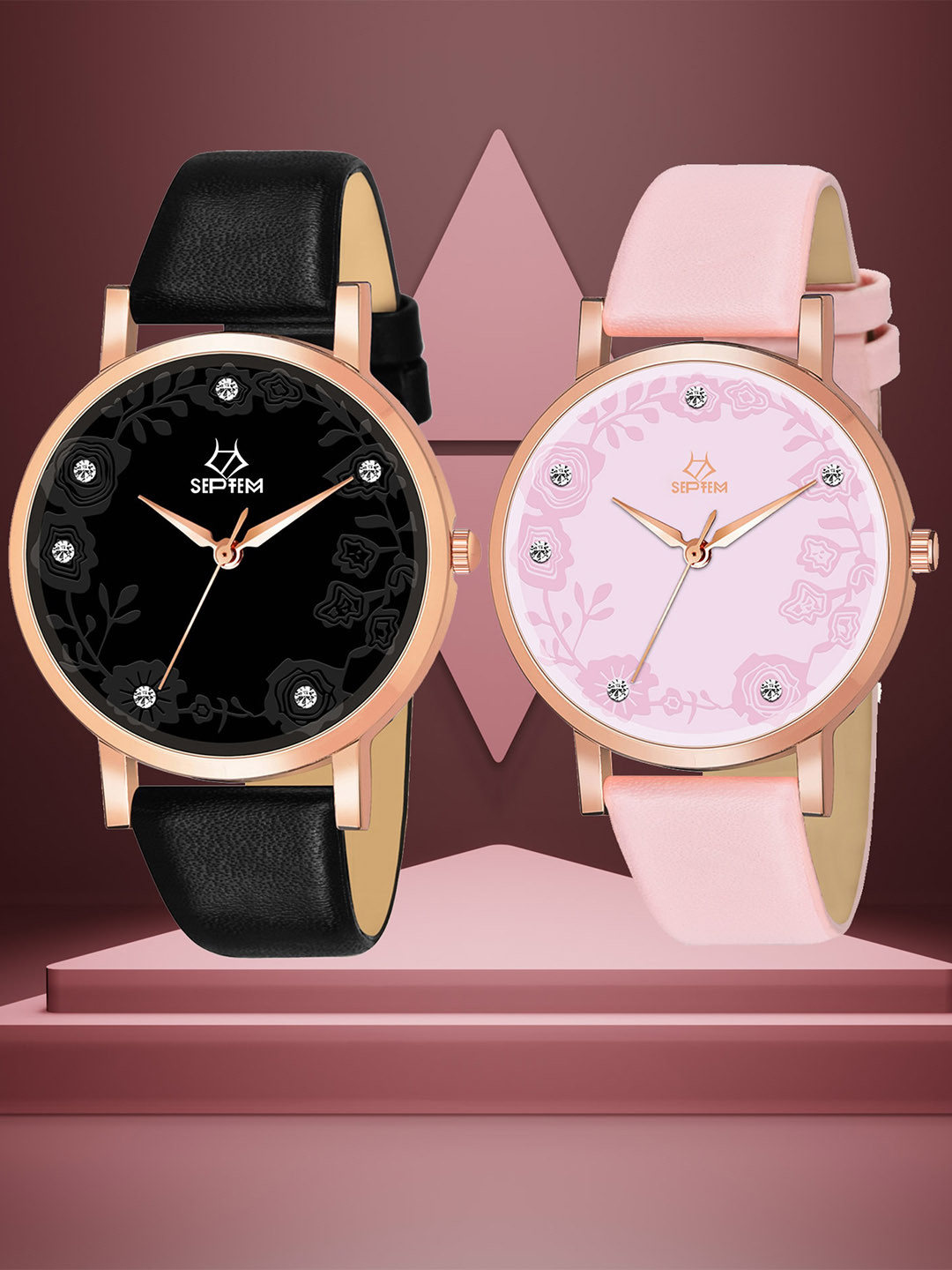 Septem Set of 2 Women Printed Dial Analogue Reset Time Watch SP-146.Black-Pink-Septem