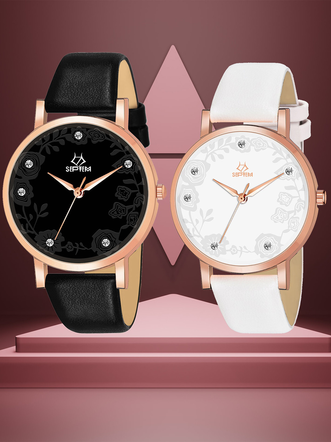 Septem Women Set of 2 Leather Straps Analogue Watch SP-146.Black-White-Septem