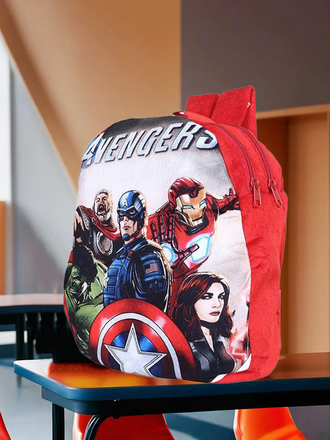 Kuber Industries Disney Marvel Avengers 2 Compartment Kids Velvet Backpacks For School
