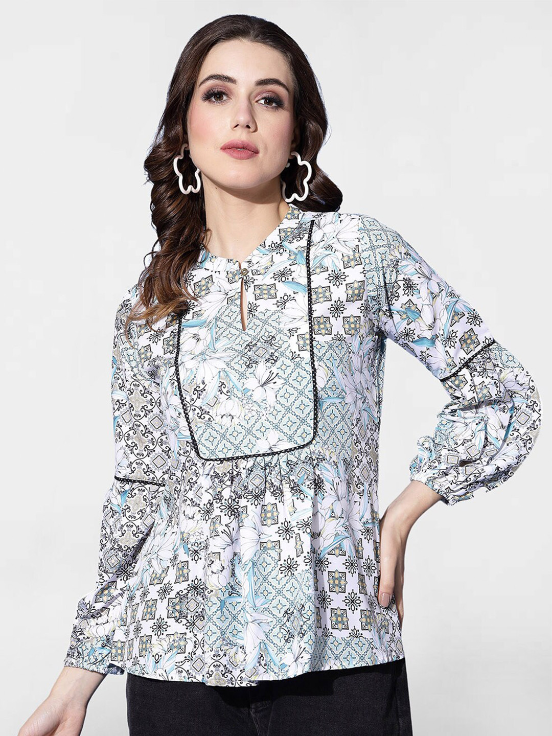 Selvia Floral Printed Mandarin Collar Cuffed Sleeves A-Line Top