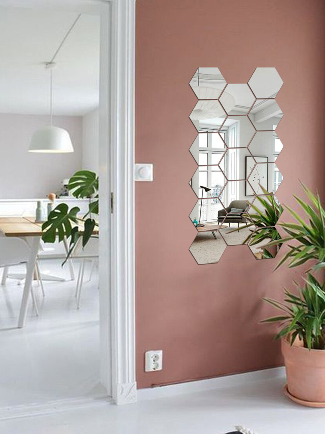 WallDaddy Silver Toned  17 Pieces Hexagon Mirror Wall Stickers