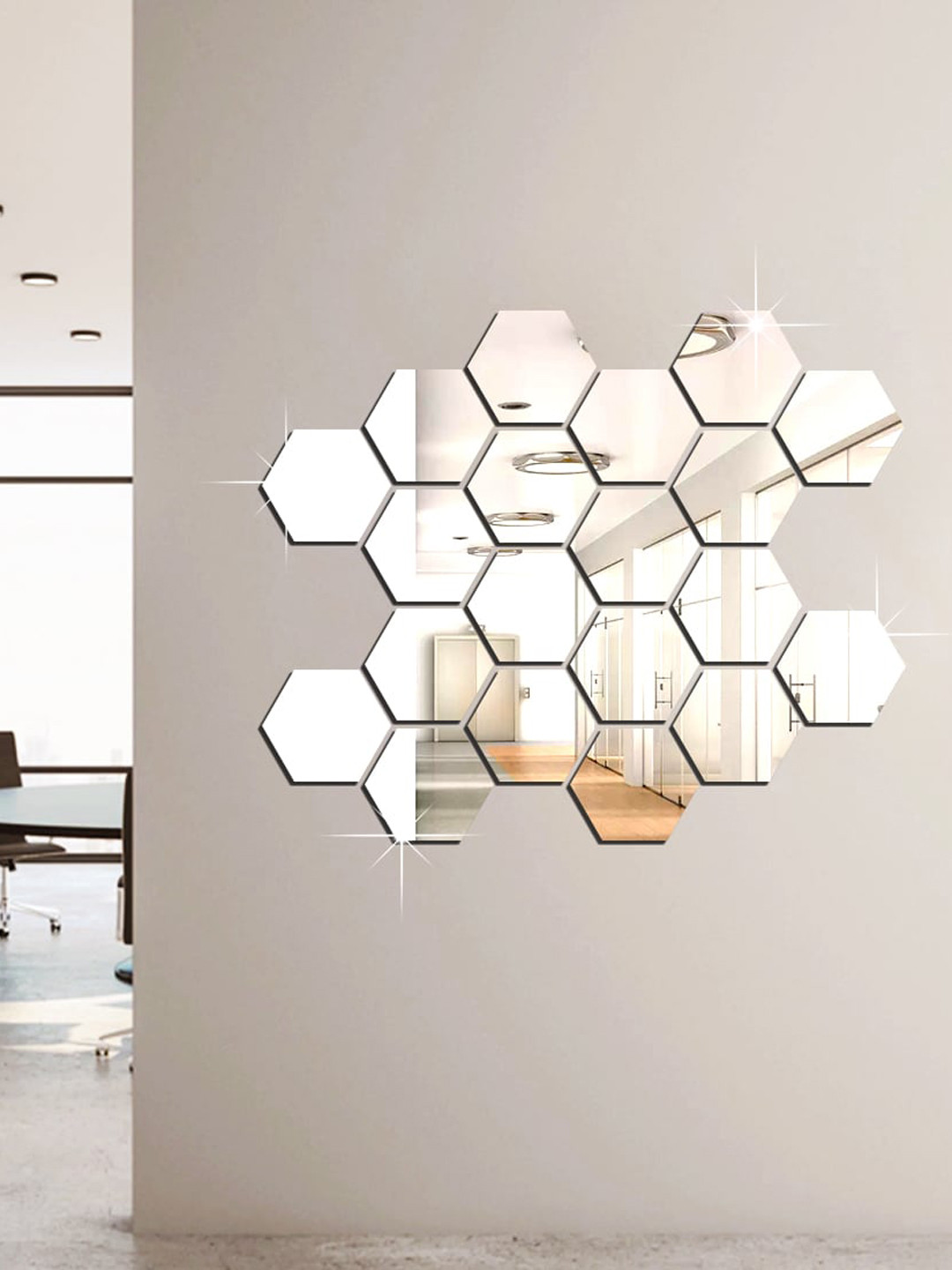 WallDaddy Silver Pieces 20 Pieces Hexagon Printed Mirror Stickers