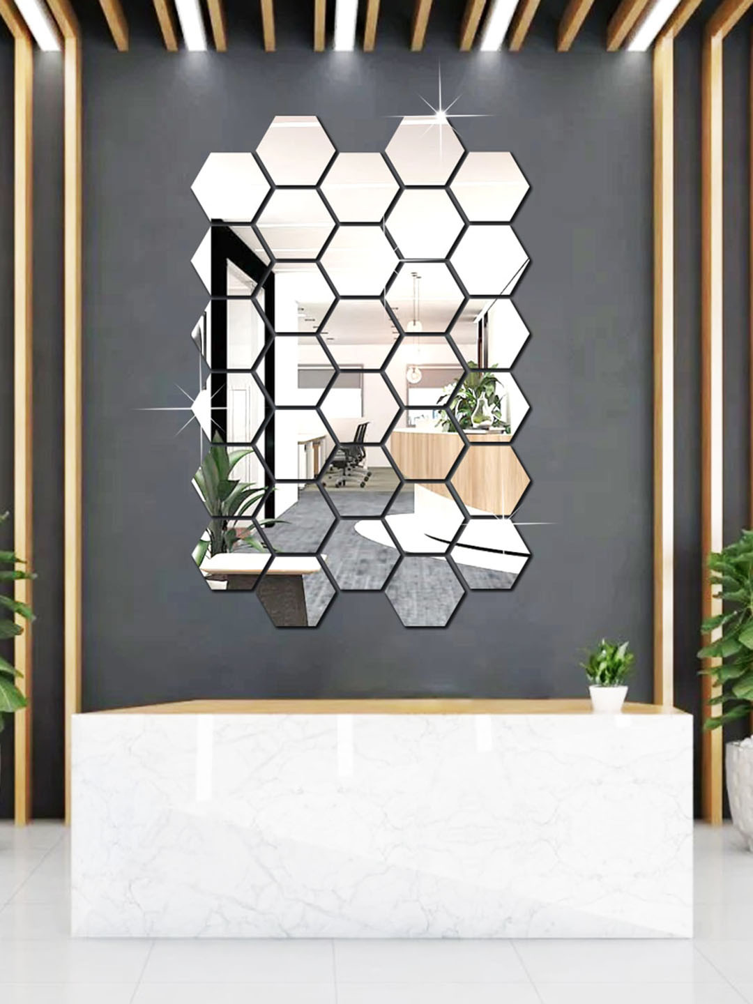 WallDaddy Grey 32 Pieces Hexagon Design Mirror Wall Stickers