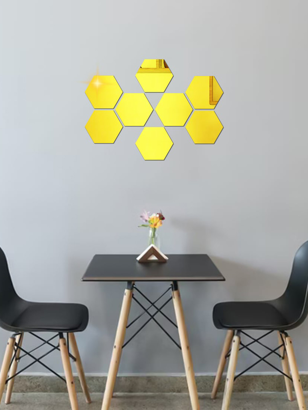 WallDaddy Gold Toned 8 Pieces Hexagon Design Mirror Wall Stickers