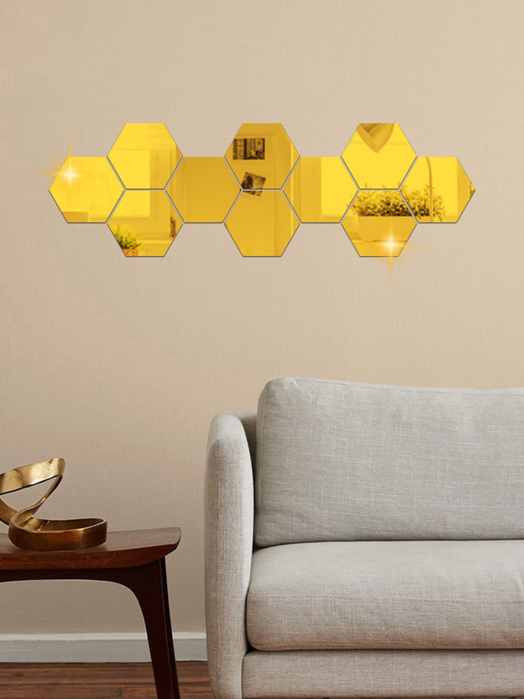 WallDaddy 10 Pcs Yellow Hexagon Mirror Wall Stickers