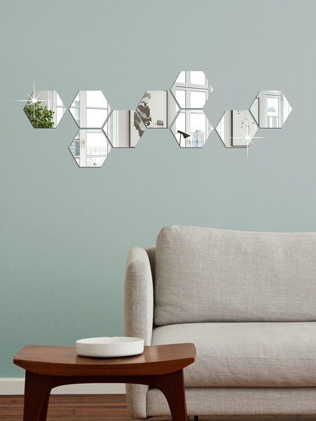 WallDaddy White 9 Pieces Hexagon Mirror Wall Stickers