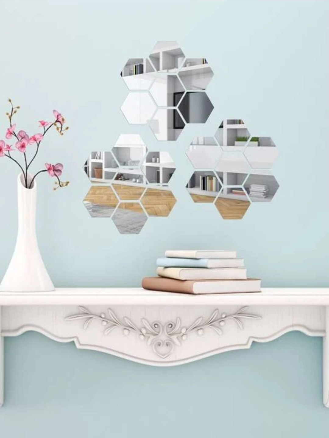 WallDaddy Silver 21 Pieces Hexagon Mirror Wall Stickers