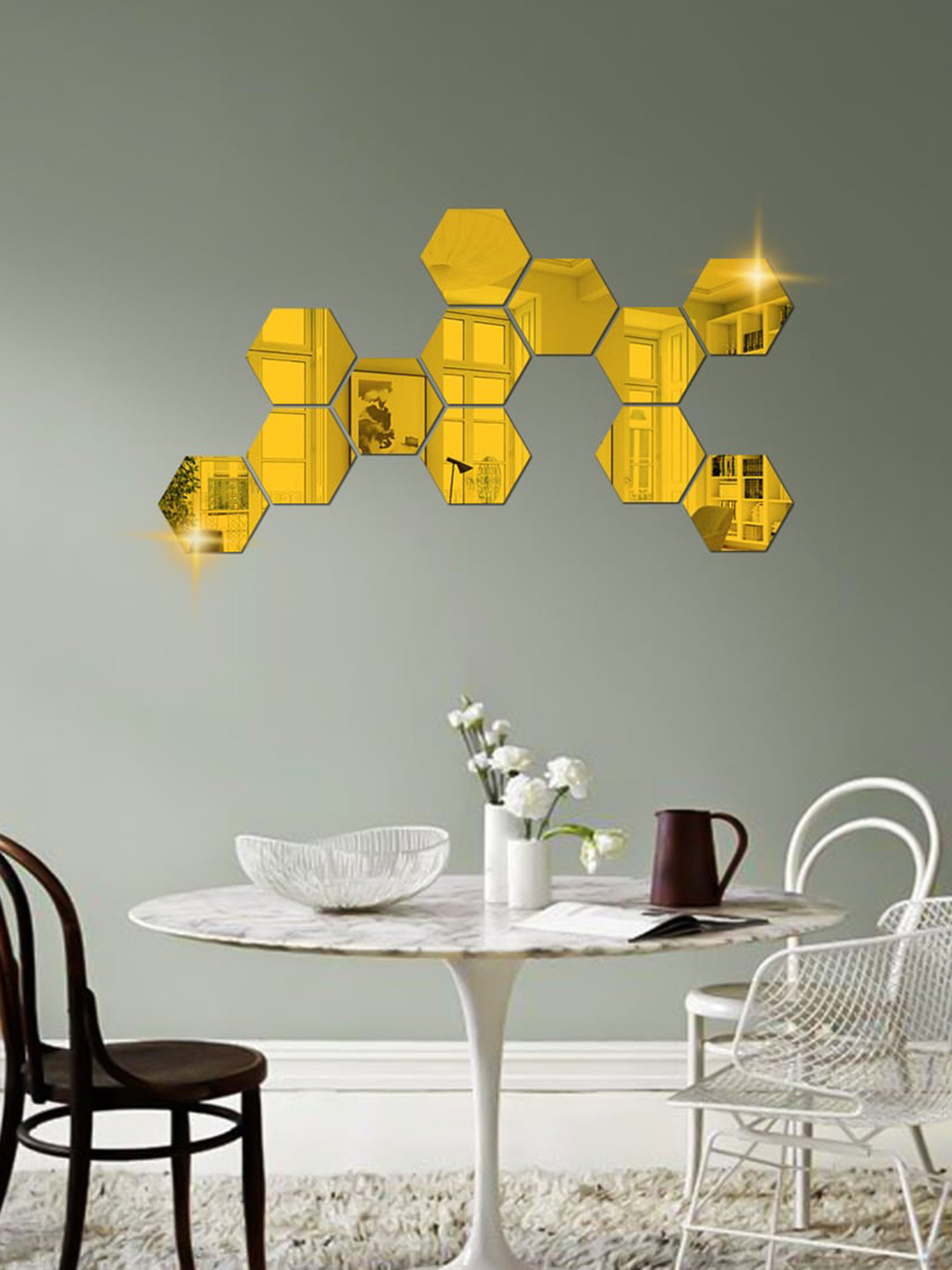 WallDaddy 12 Pcs Golden Hexagon Mirror Wall Stickers