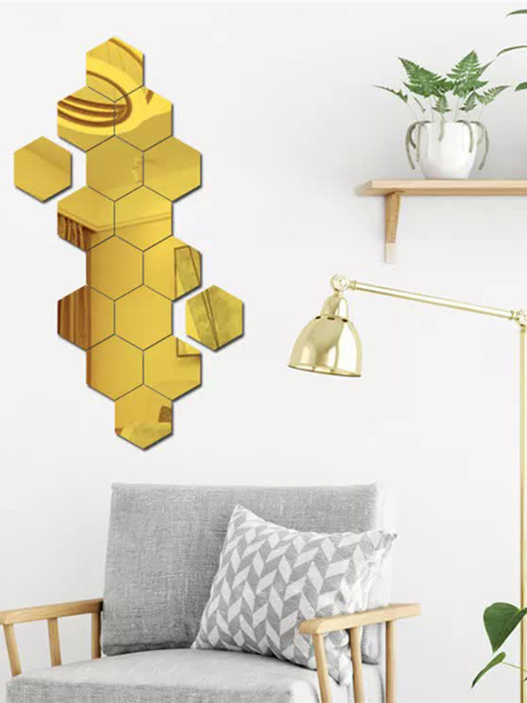 WallDaddy 16 Pcs Yellow Hexagon Mirror Wall Stickers