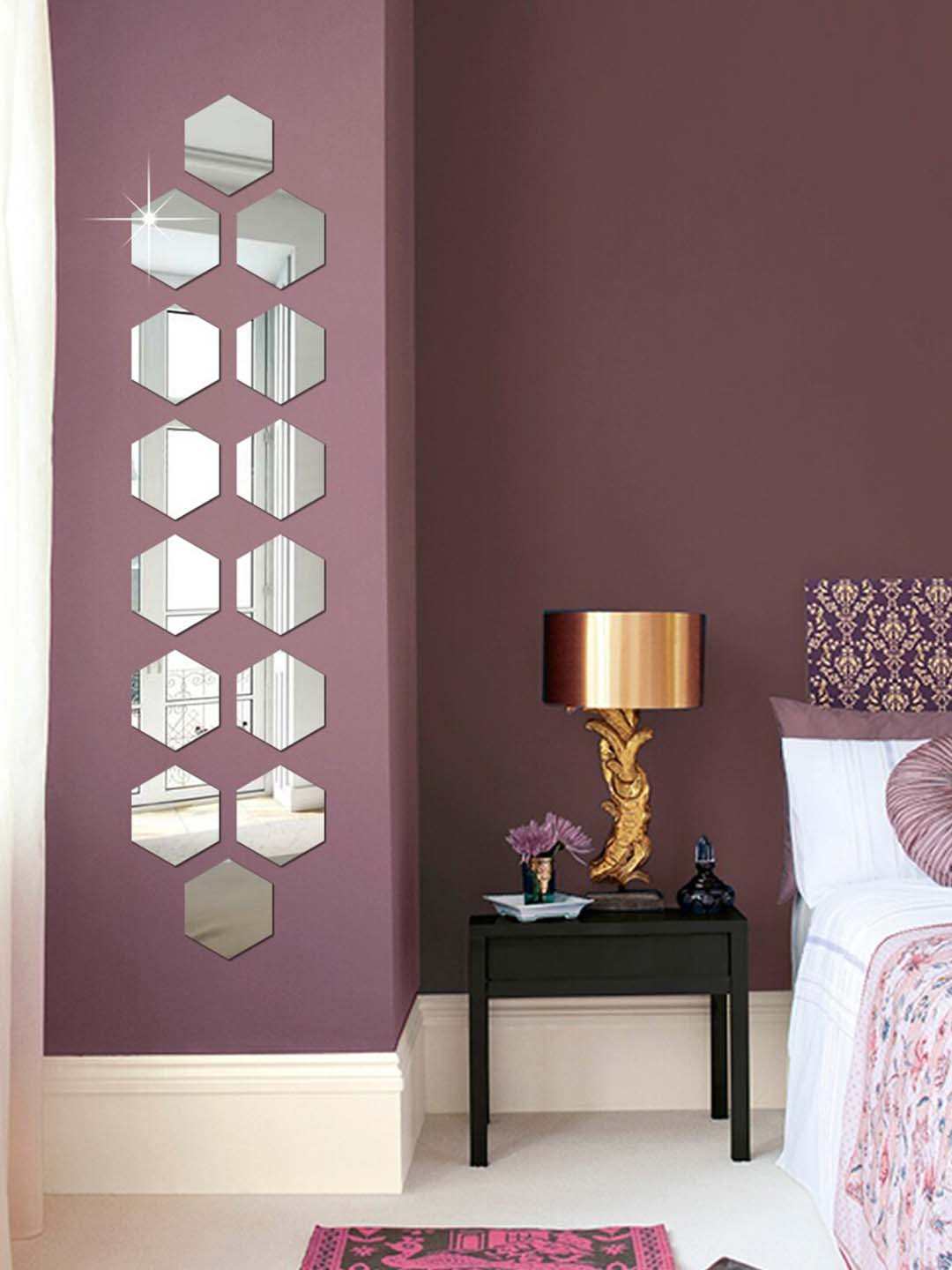 WallDaddy Silver Toned 14 Pieces Hexagon Design Mirror Wall Stickers