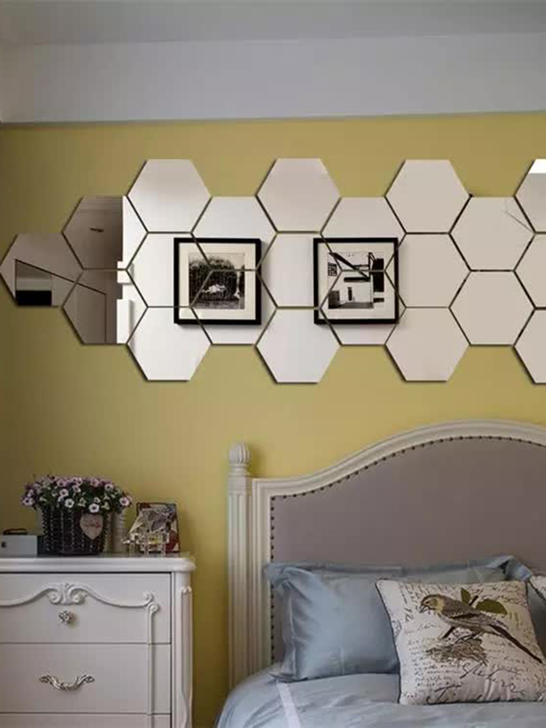 WallDaddy Silver Toned 24 Pieces Hexagon Printed Mirror Stickers Wall Paper