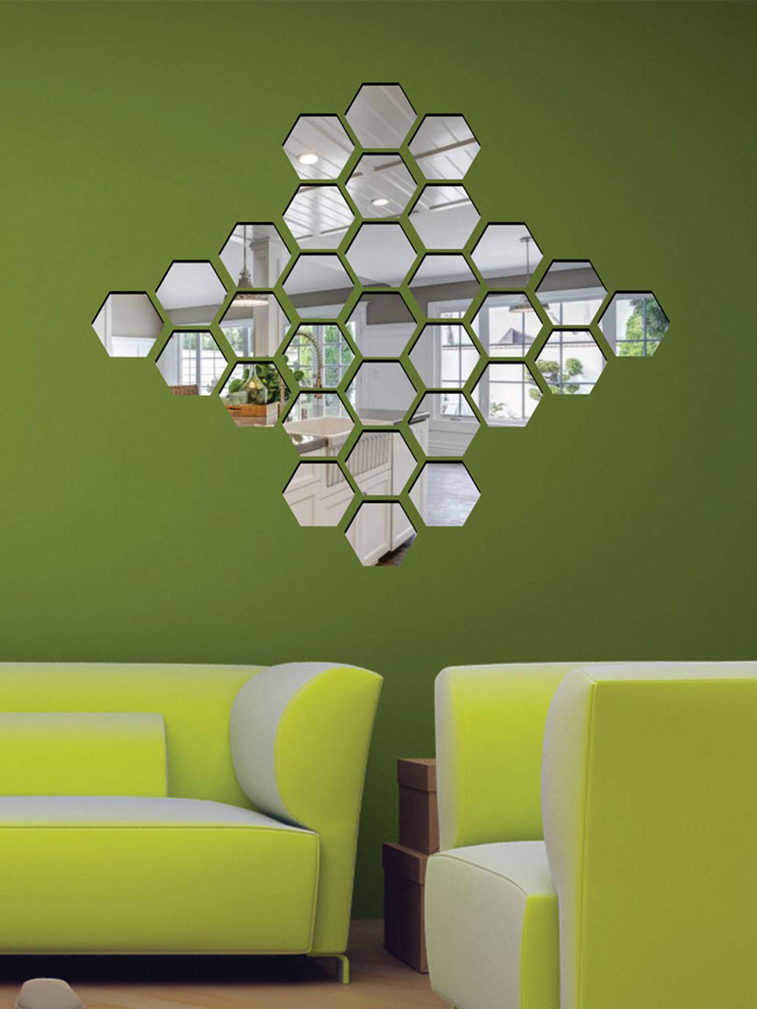 WallDaddy 31 Pcs Silver-Toned Hexagon Mirror Wall Stickers