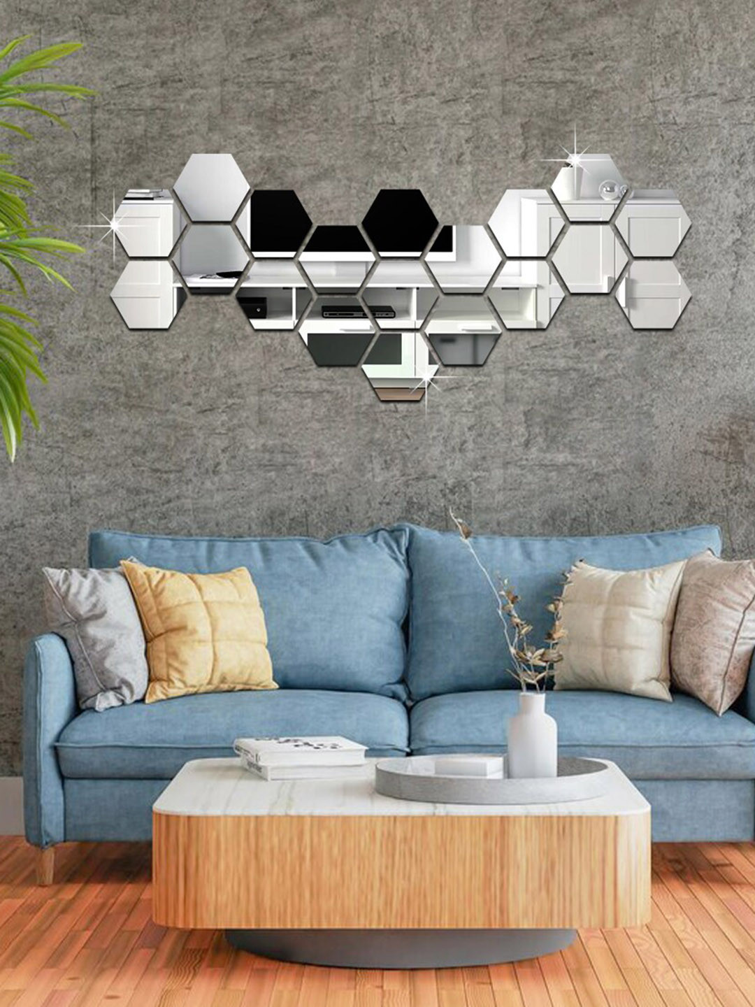 WallDaddy Silver Toned 19 Pieces Hexagon Mirror Wall Stickers