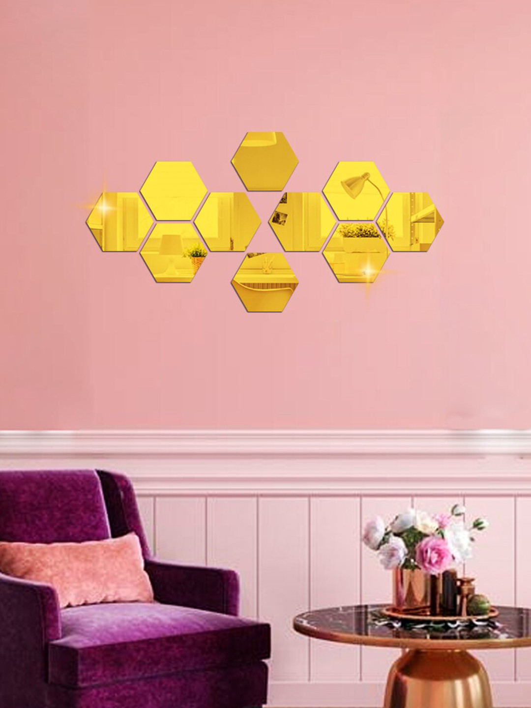 WallDaddy Gold-Toned 10-Pieces Hexagon Printed Mirror Stickers