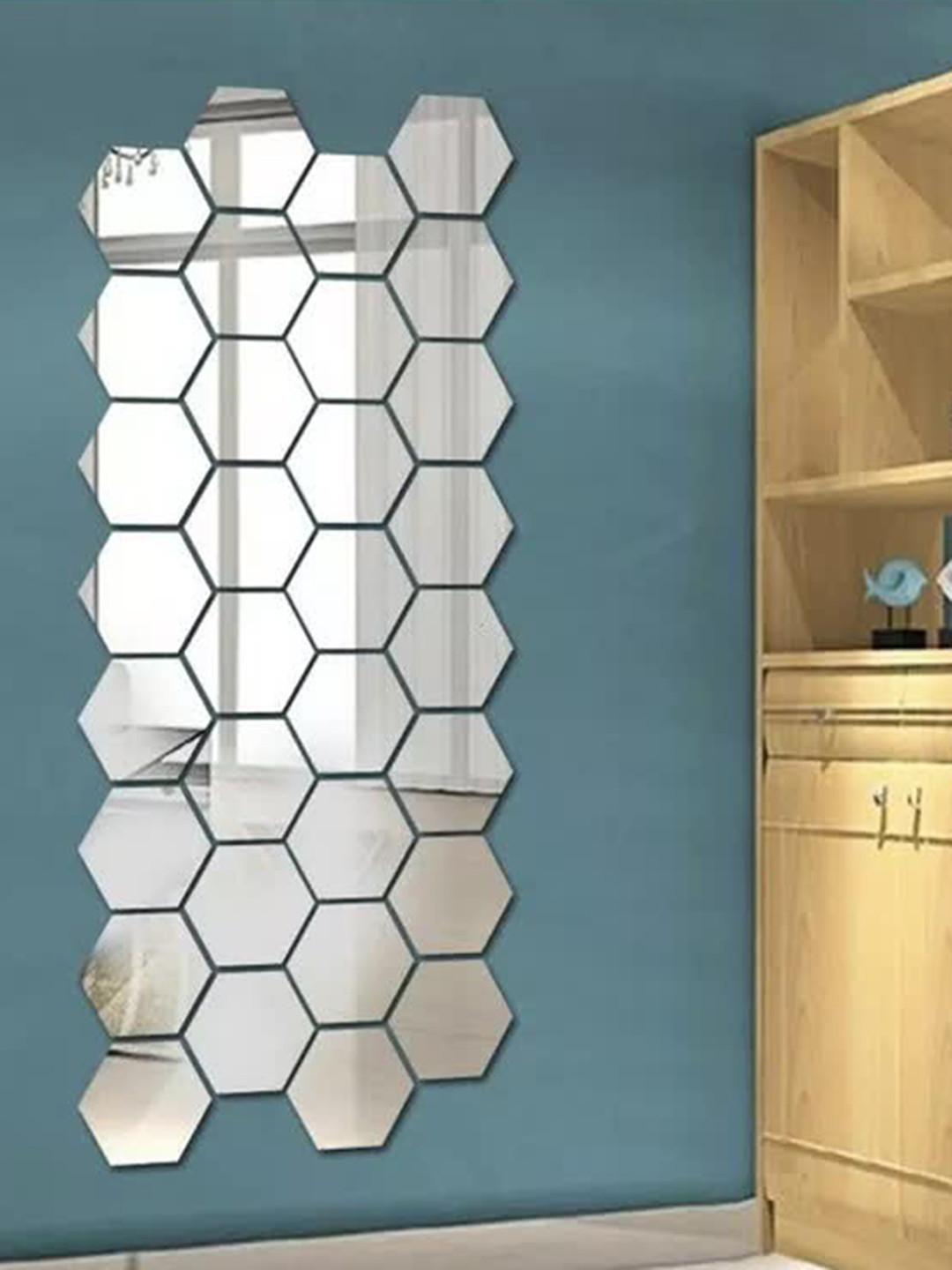 WallDaddy 32 Pcs Silver-Toned Hexagon Mirror Wall Stickers