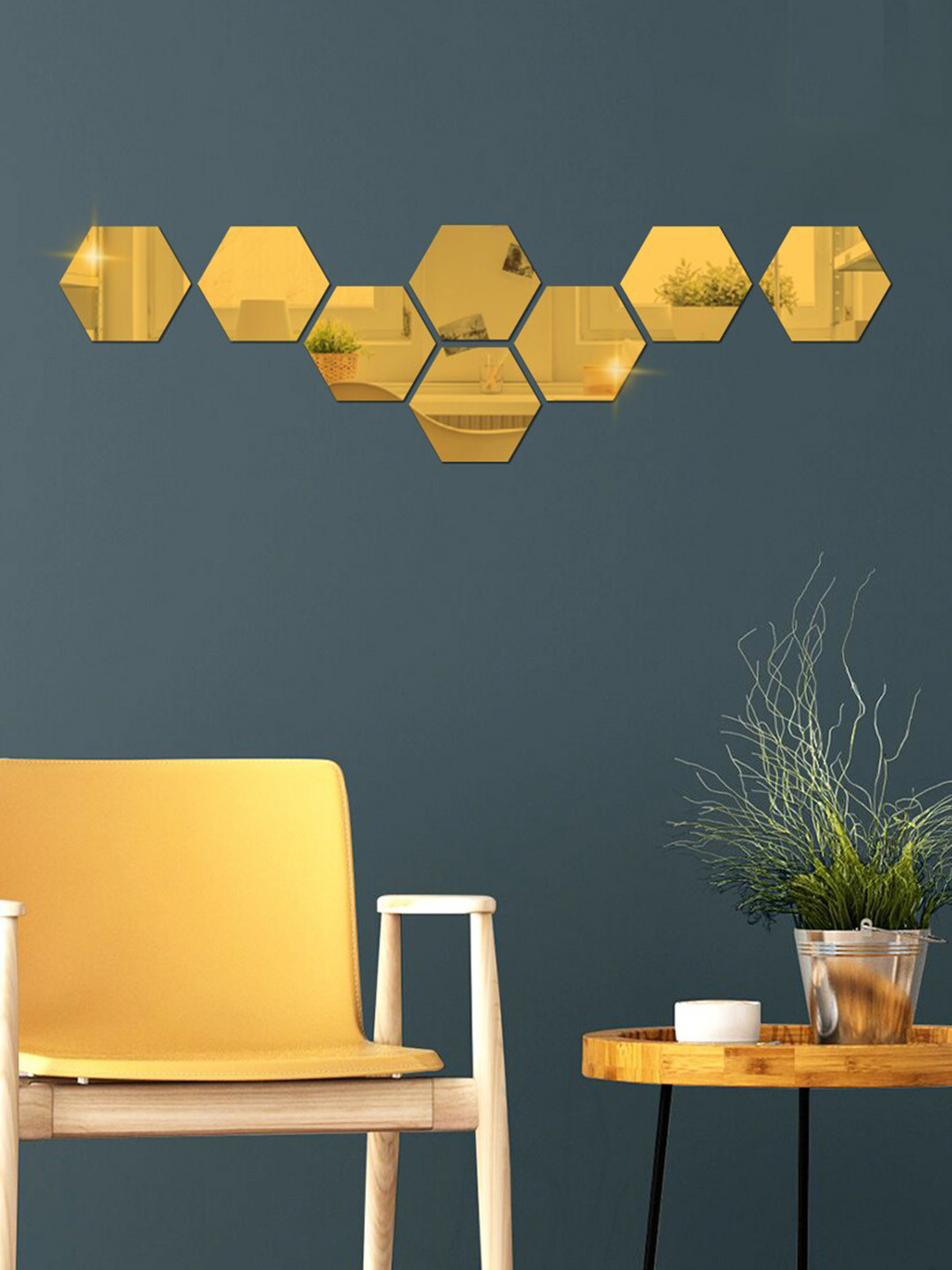 WallDaddy 8 Pcs Golden Hexagon Mirror Wall Stickers