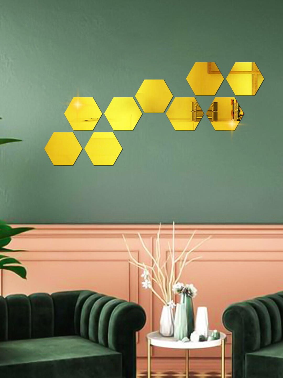 WallDaddy 9 Pcs Golden Hexagon Mirror Wall Stickers