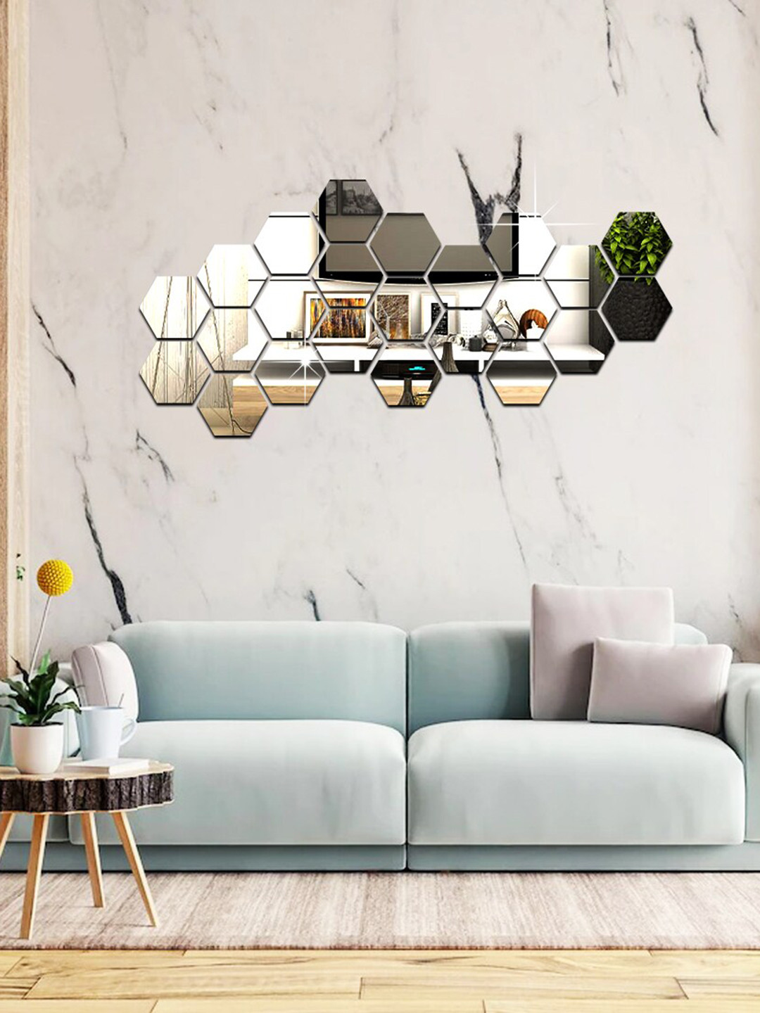 WallDaddy 23 Pcs Silver-Toned Hexagon Mirror Wall Stickers