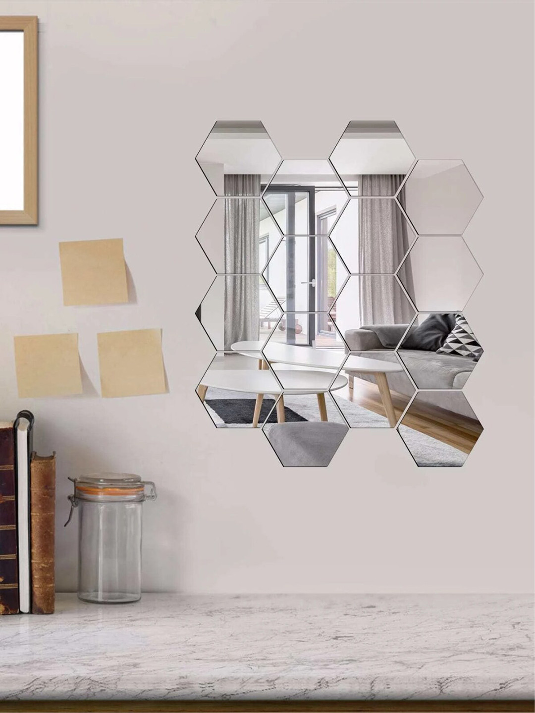 WallDaddy Silver Toned 16 Pieces Hexagon Design Mirror Wall Stickers