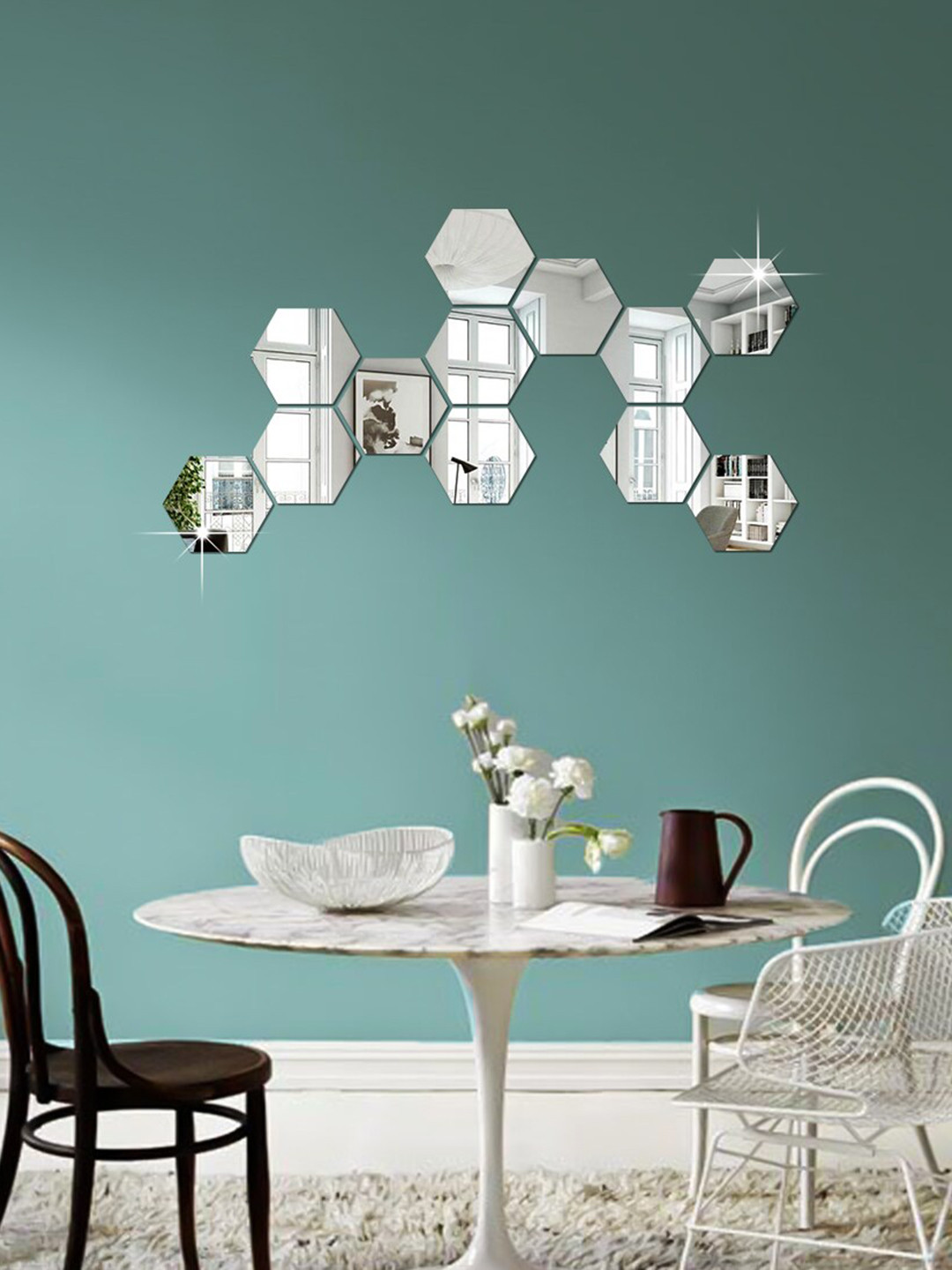 WallDaddy 12 Pcs Silver-Toned Hexagon Mirror Wall Stickers