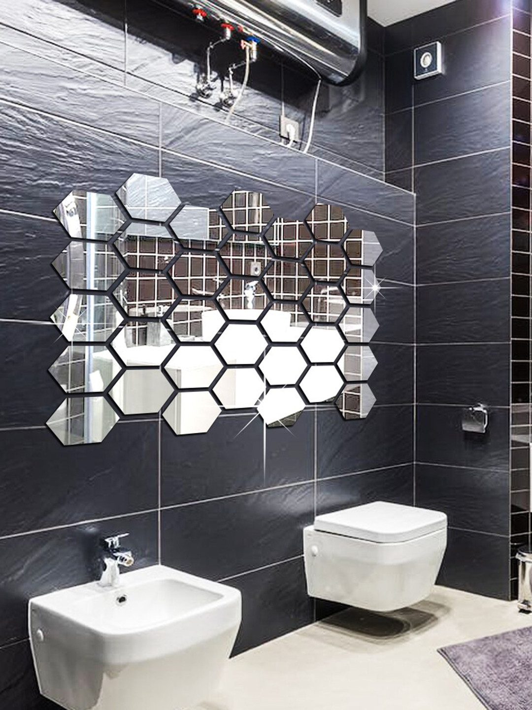 WallDaddy Silver Toned 35 Pieces Hexagon Mirror Wall Stickers