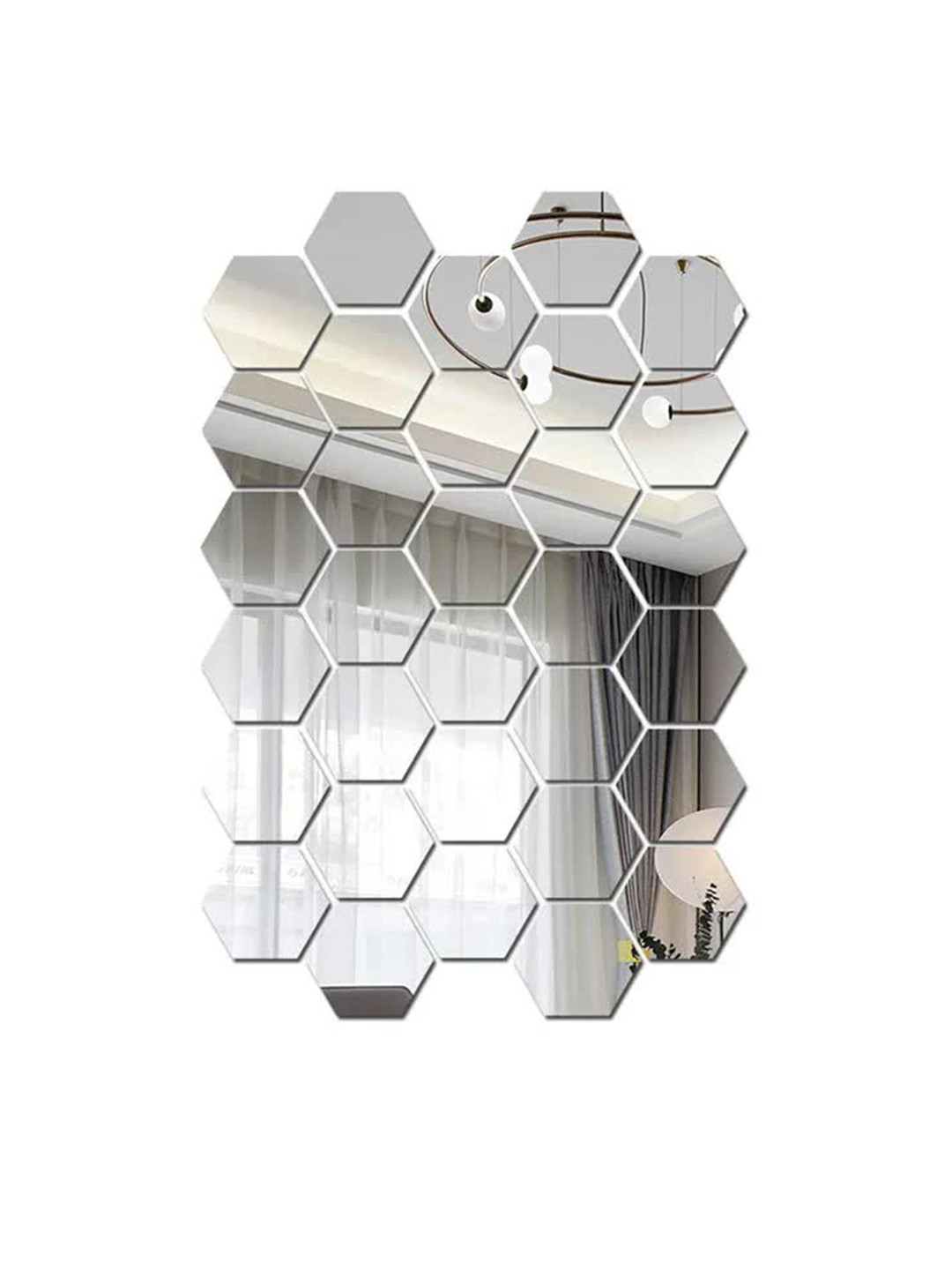 WallDaddy 32 Pcs Silver-Toned Hexagon Mirror Wall Stickers