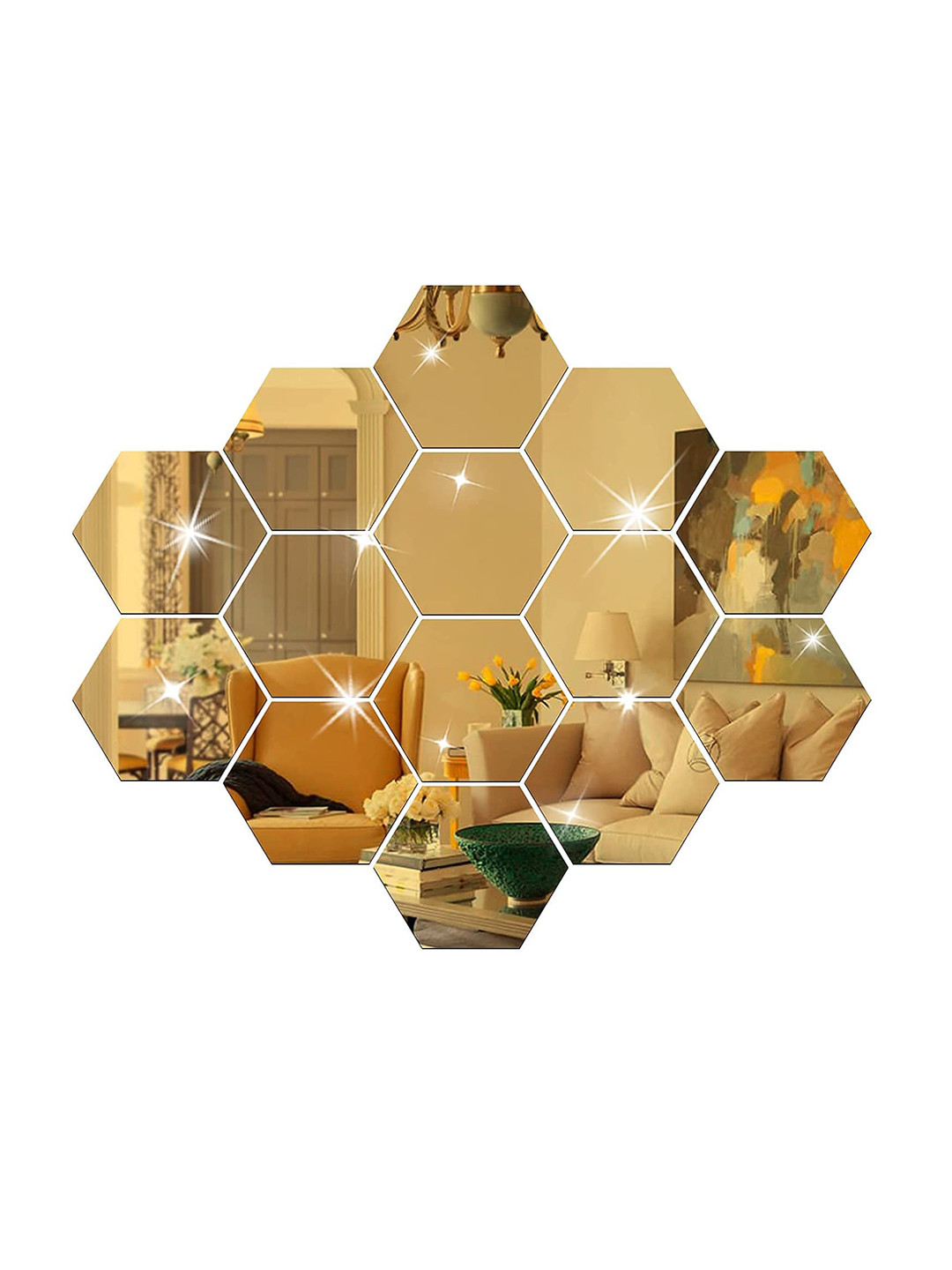 WallDaddy 14 Pieces Hexagon Mirror Stickers For Wall