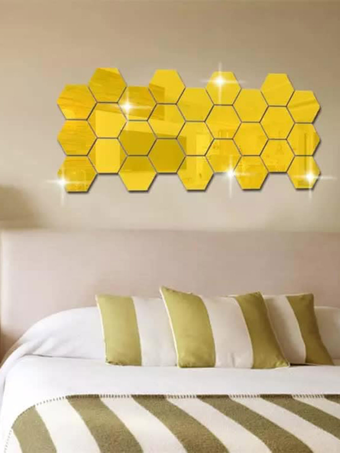 WallDaddy Gold Toned 27 Pieces Hexagon Mirror Wall Stickers