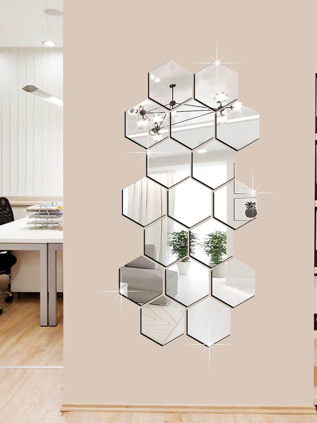 WallDaddy Silver Toned 17 Pieces Hexagon Mirror Wall Stickers