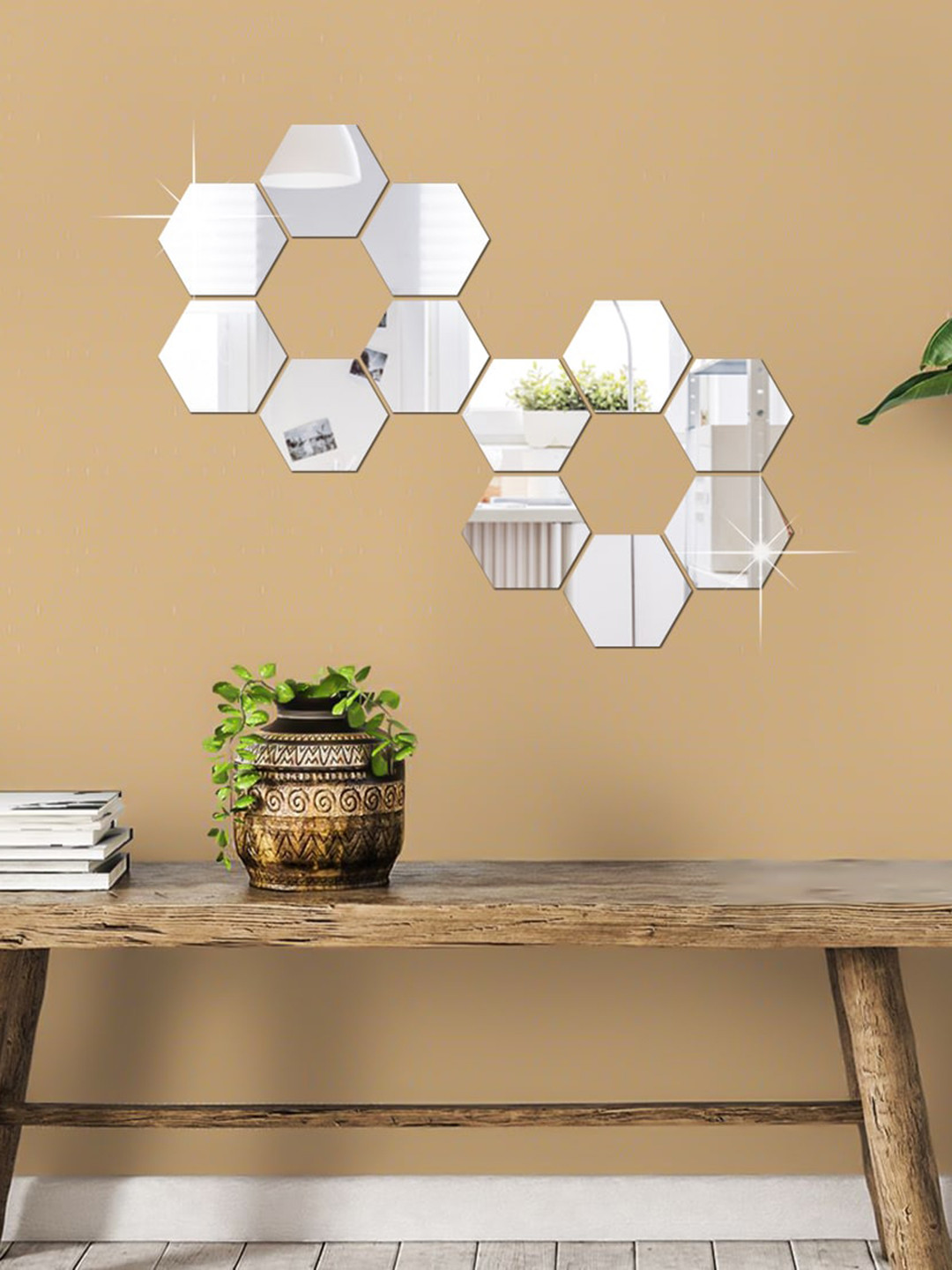 WallDaddy Silver Toned 12-Pcs Hexagon Design Mirror Wall Stickers