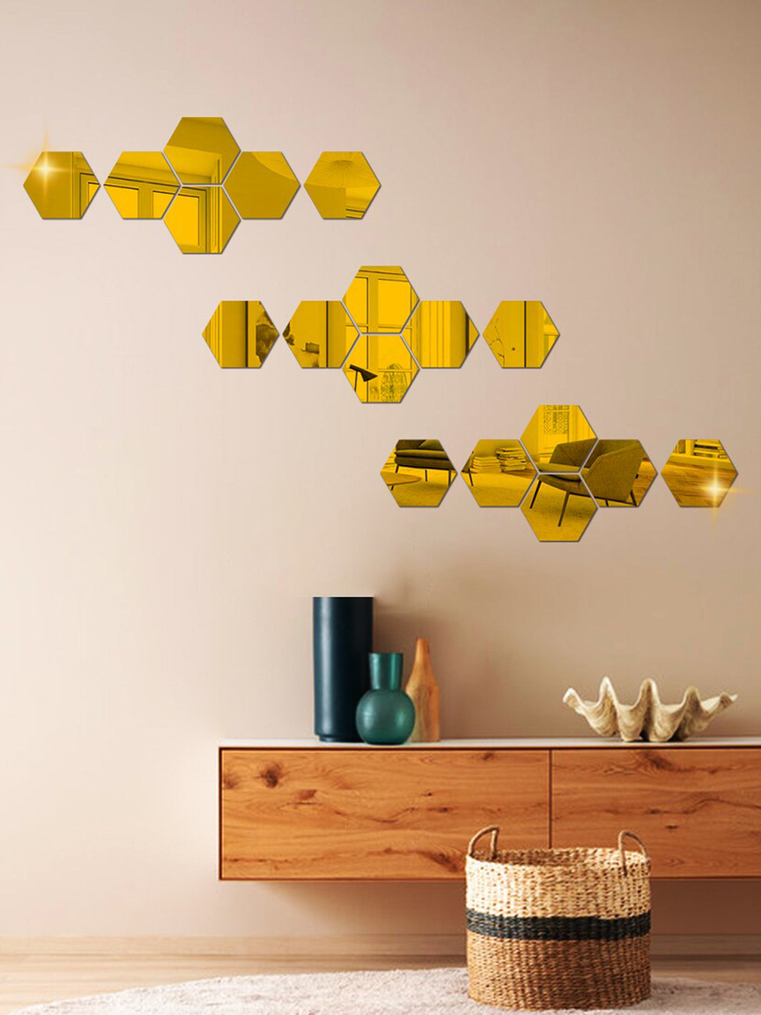 WallDaddy Gold Toned 18 Pieces Hexagon Design Mirror Wall Stickers