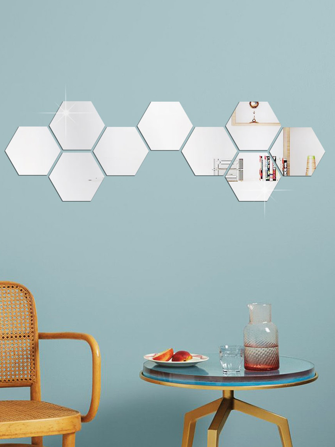 WallDaddy Silver Toned 9 Pieces Hexagon Design Mirror Wall Stickers