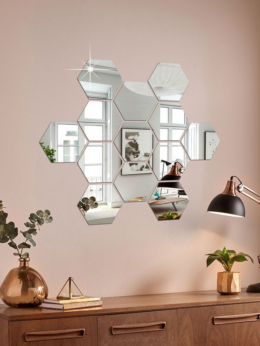 WallDaddy Silver Toned 13 Pieces  White Hexagon Design Mirror Wall Stickers