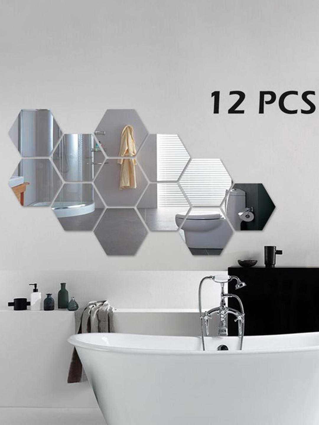WallDaddy 12 Pcs Silver-Toned Hexagon Shaped Mirror Wall Stickers