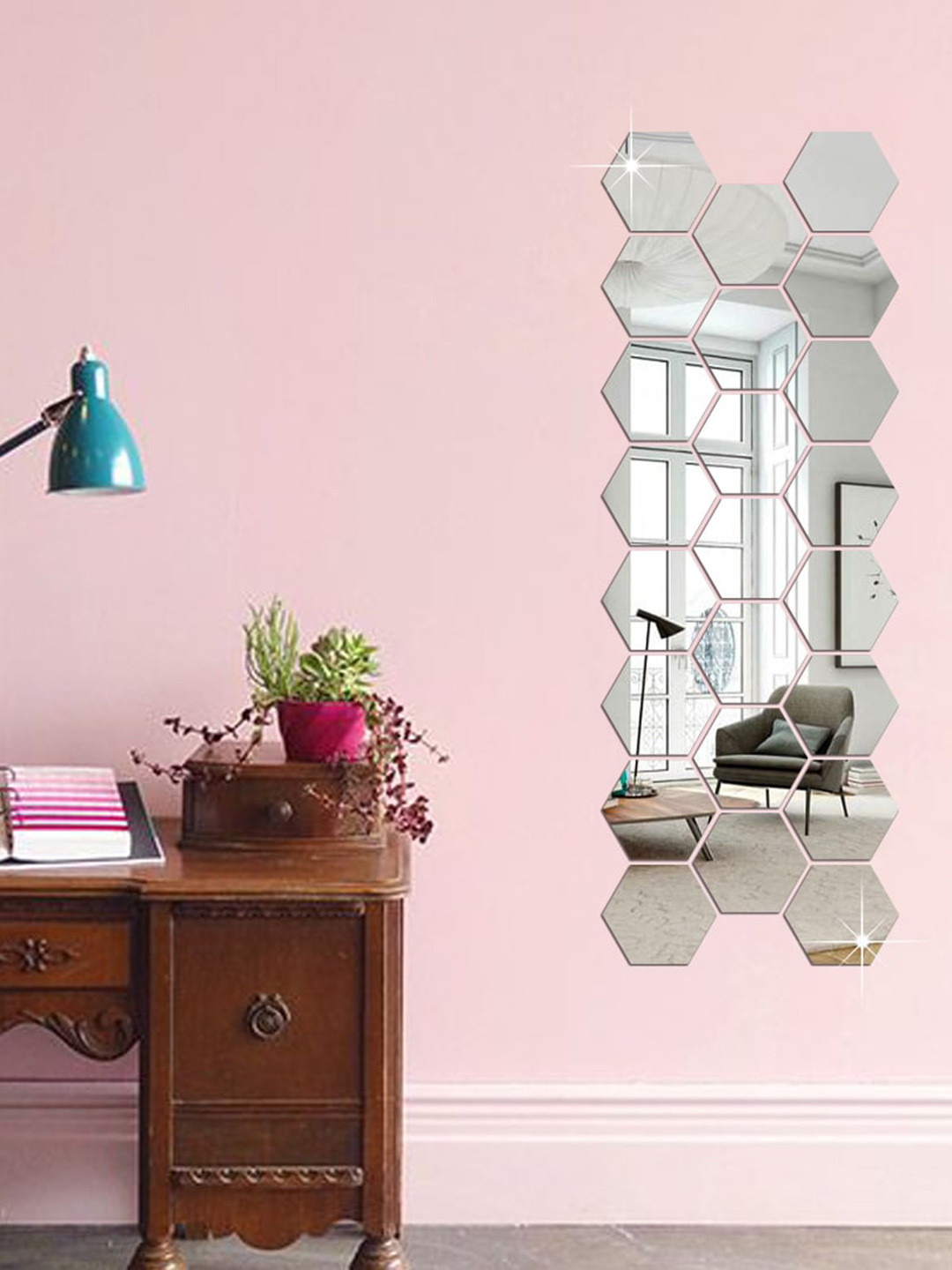 WallDaddy Silver Toned 23 Pieces Hexagon Design Mirror Wall Stickers