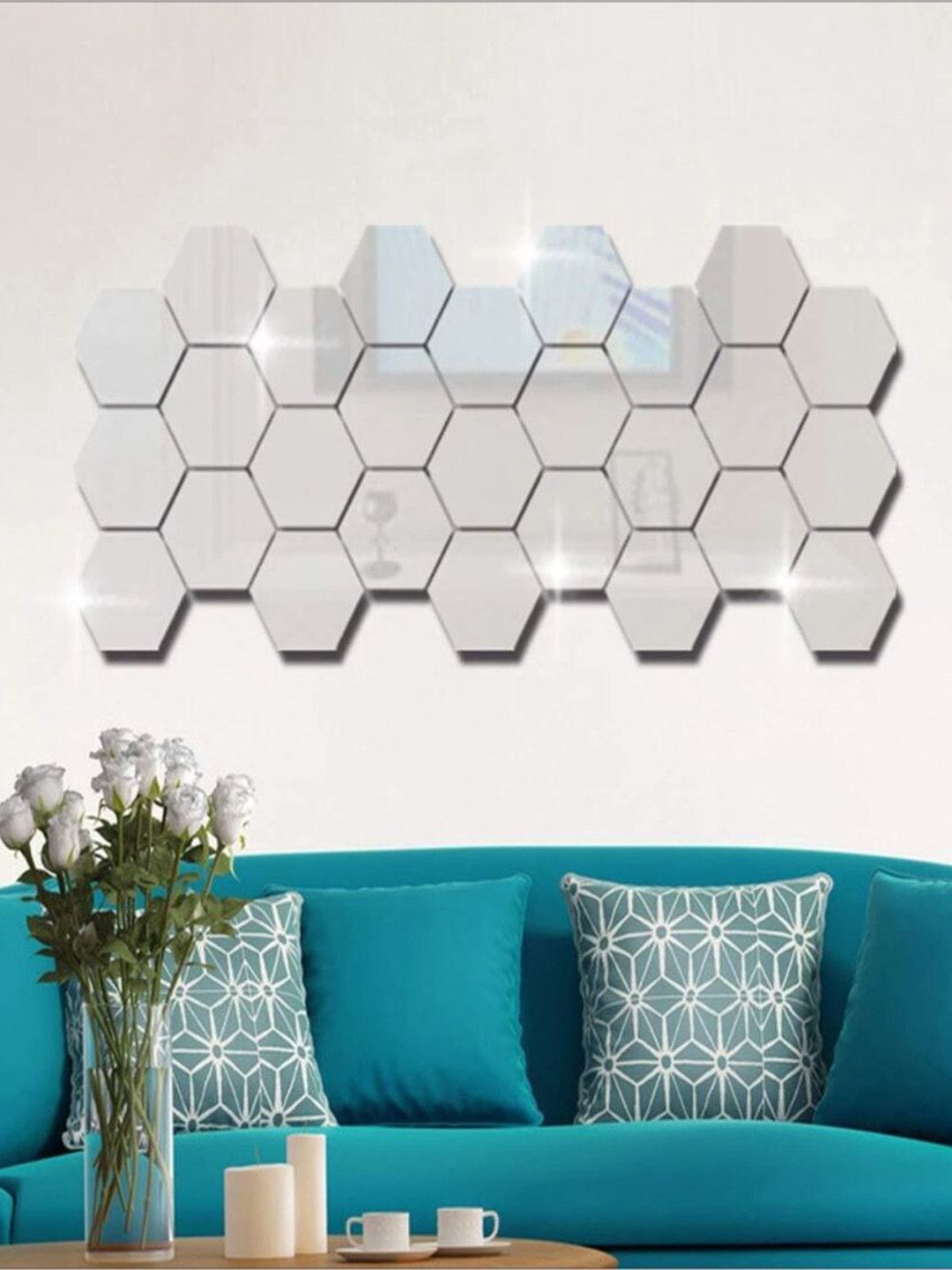 WallDaddy Silver Toned 27 Pieces Hexagon Design Mirror Wall Stickers