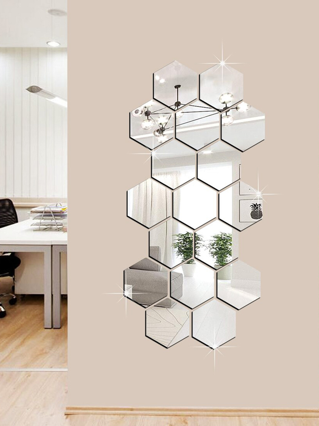 WallDaddy 17 Pcs Silver-Toned Hexagon Mirror Wall Stickers