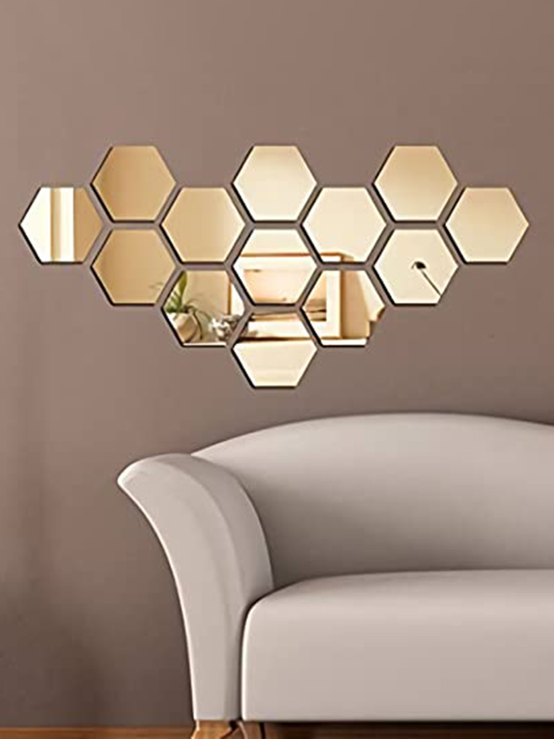 WallDaddy Gold Toned 13 Pieces Acrylic Hexagon Mirror Stickers