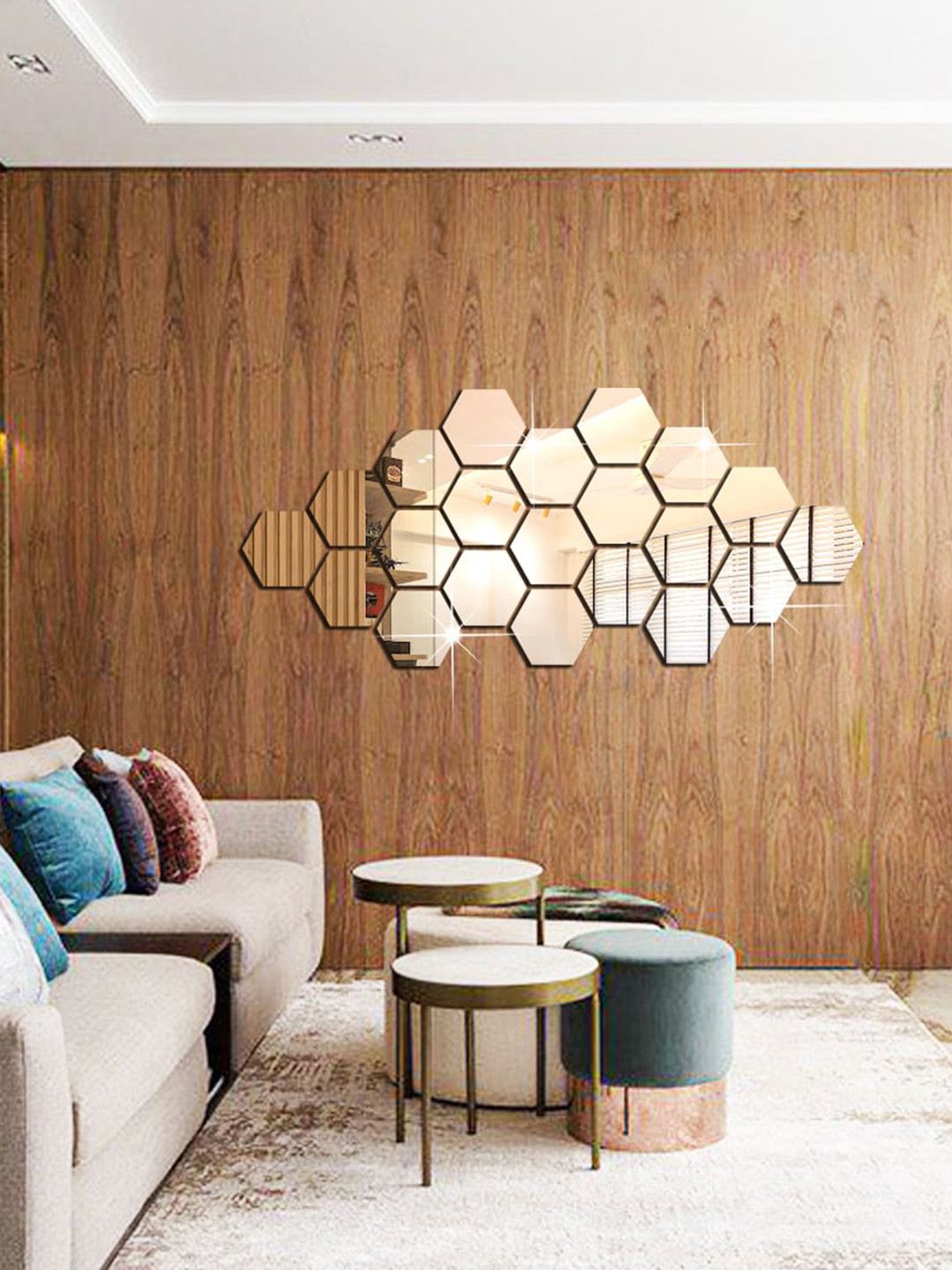 WallDaddy Silver Toned 21 Pieces Hexagon Mirror Wall Stickers