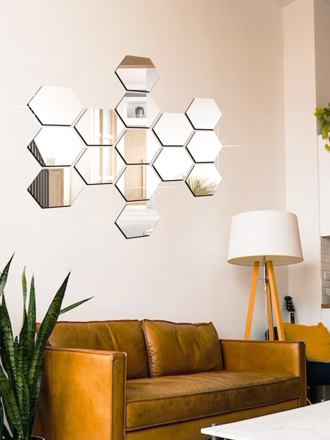 WallDaddy Silver Toned 15 Pieces Self-Adhesive Hexagon Mirror Wall Stickers