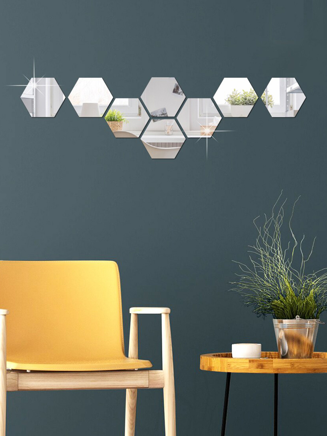 WallDaddy Silver Toned 8 Pieces Hexagon Mirror Wall Stickers