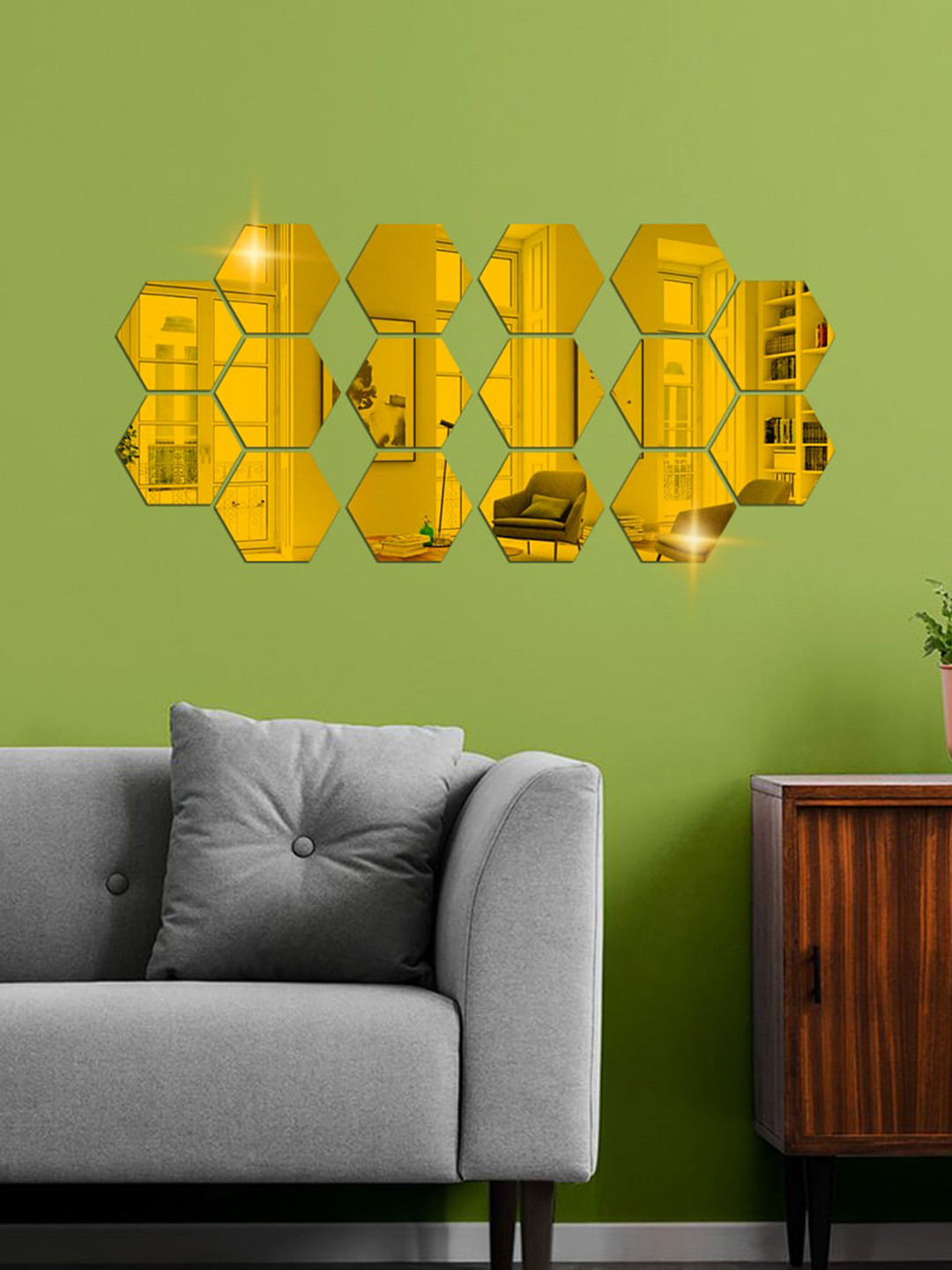 WallDaddy Gold Toned 16 Pieces Hexagon Mirror Stickers