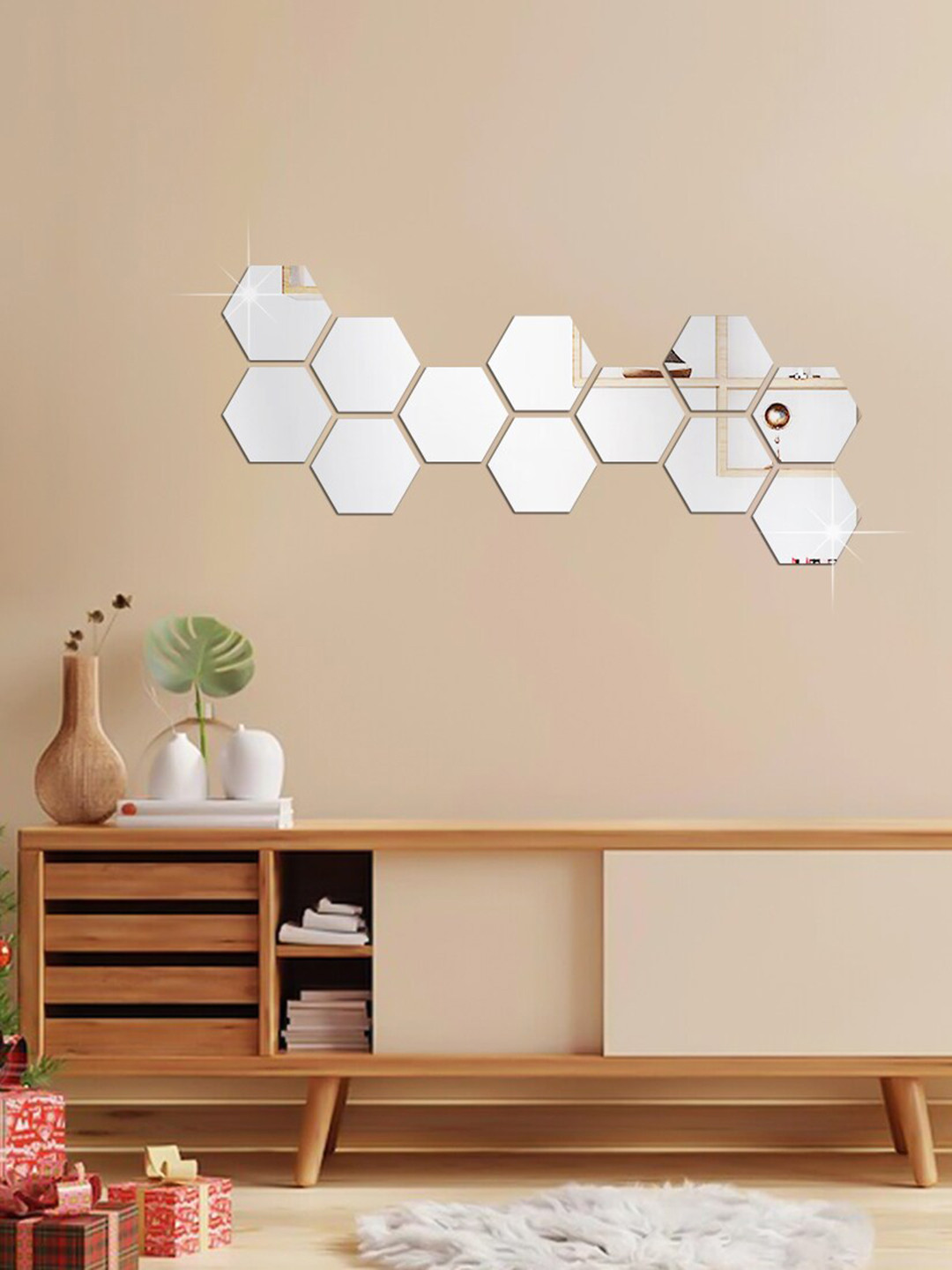 WallDaddy 12 Pcs Silver-Toned Hexagon Mirror Wall Stickers