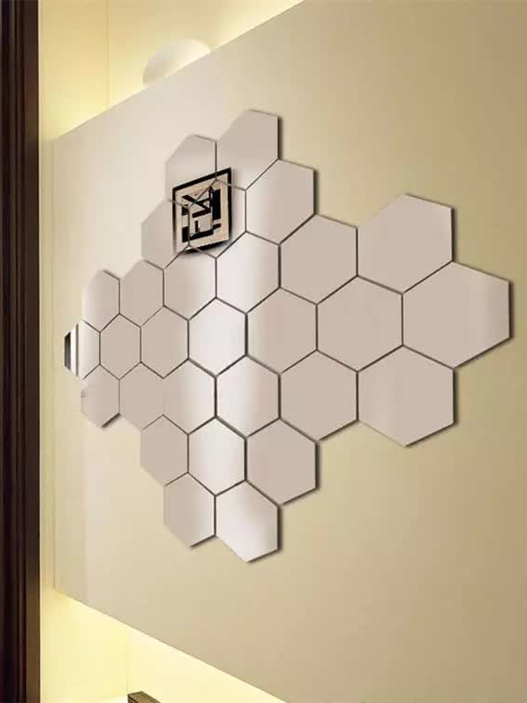 WallDaddy Silver Toned 29 Pieces Hexagon Mirror Wall Stickers