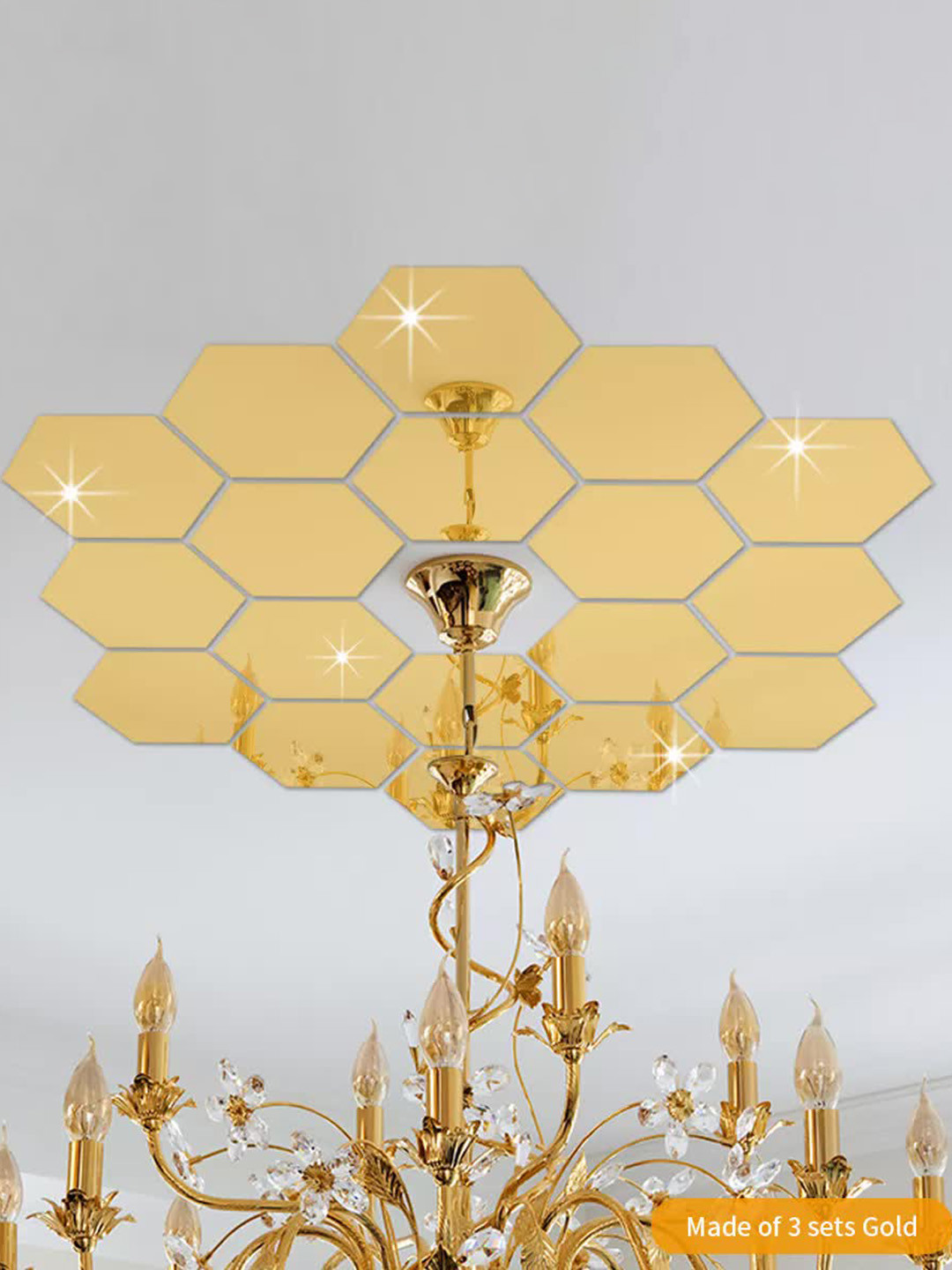 WallDaddy Gold Toned 18 Pieces Hexagon Design Mirror Wall Stickers