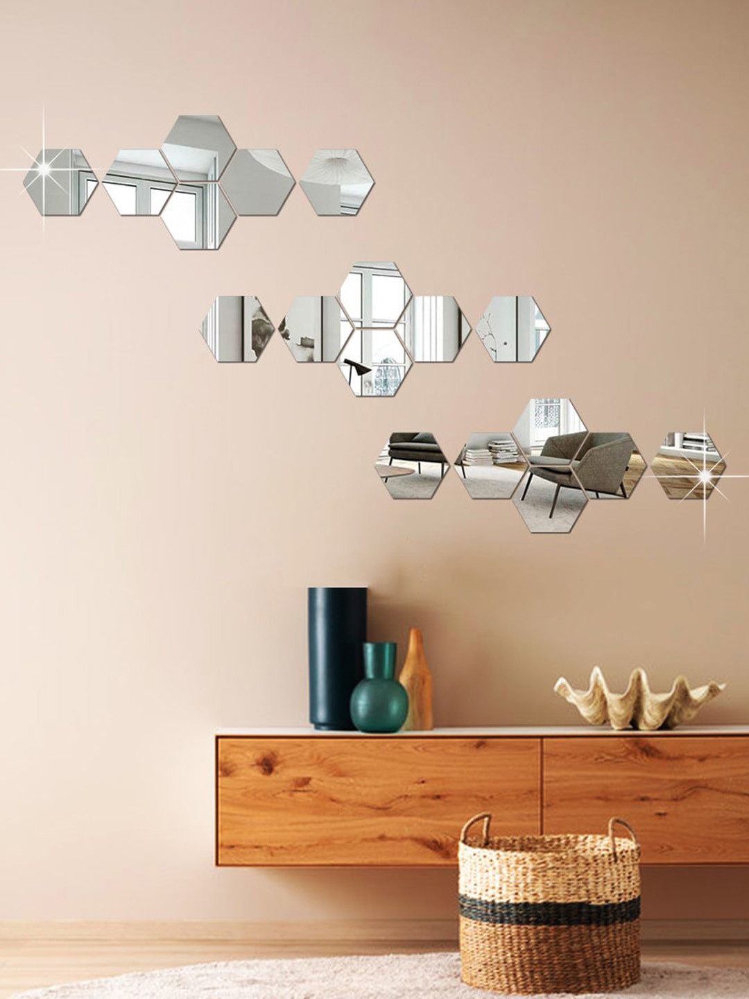 WallDaddy Silver Toned 18 Pcs Hexagon Design Mirror Wall Stickers