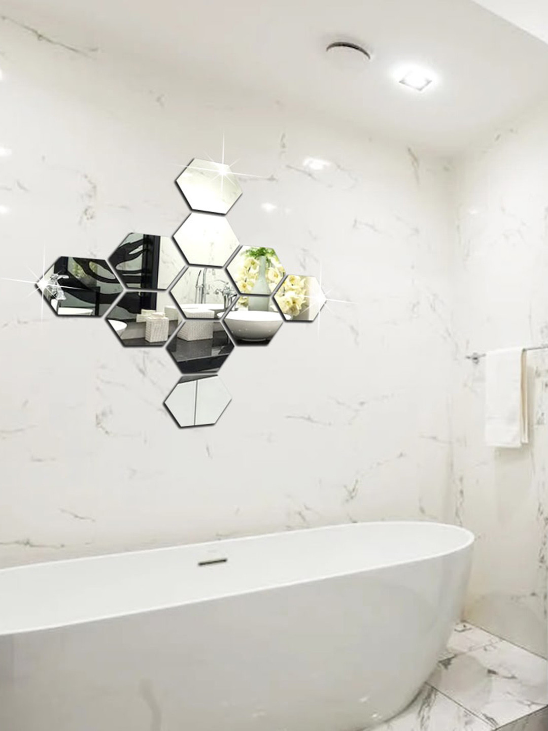 WallDaddy Silver Toned 11 Pieces Hexagon Mirror Stickers